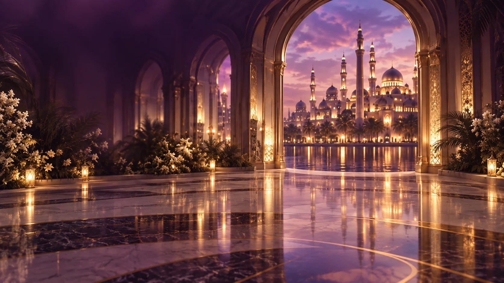 Golden Twilight Palace Courtyard