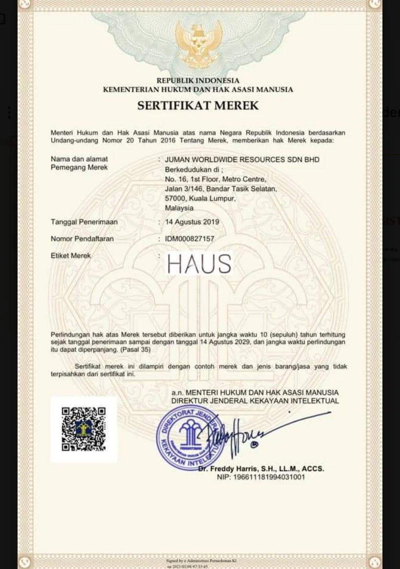 Indonesia DJKI Trademark Certificate