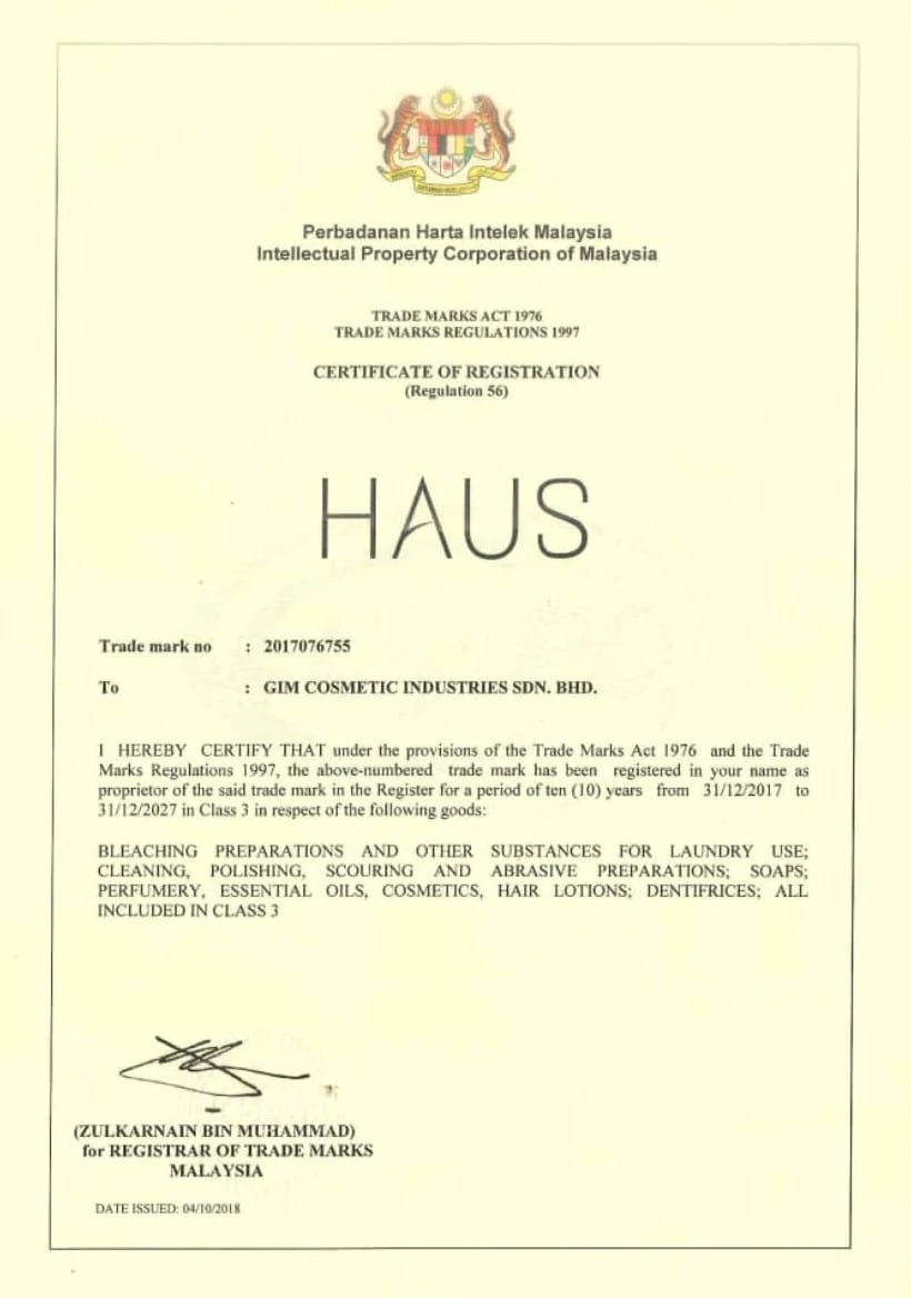 MyIPO Malaysia Trademark Certificate